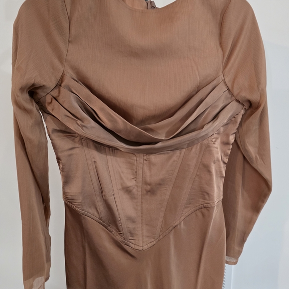 ASOS DESIGN Satin Corset Maxi Dress Copper Mesh Sleeve | US 4 - Picture 3 of 6